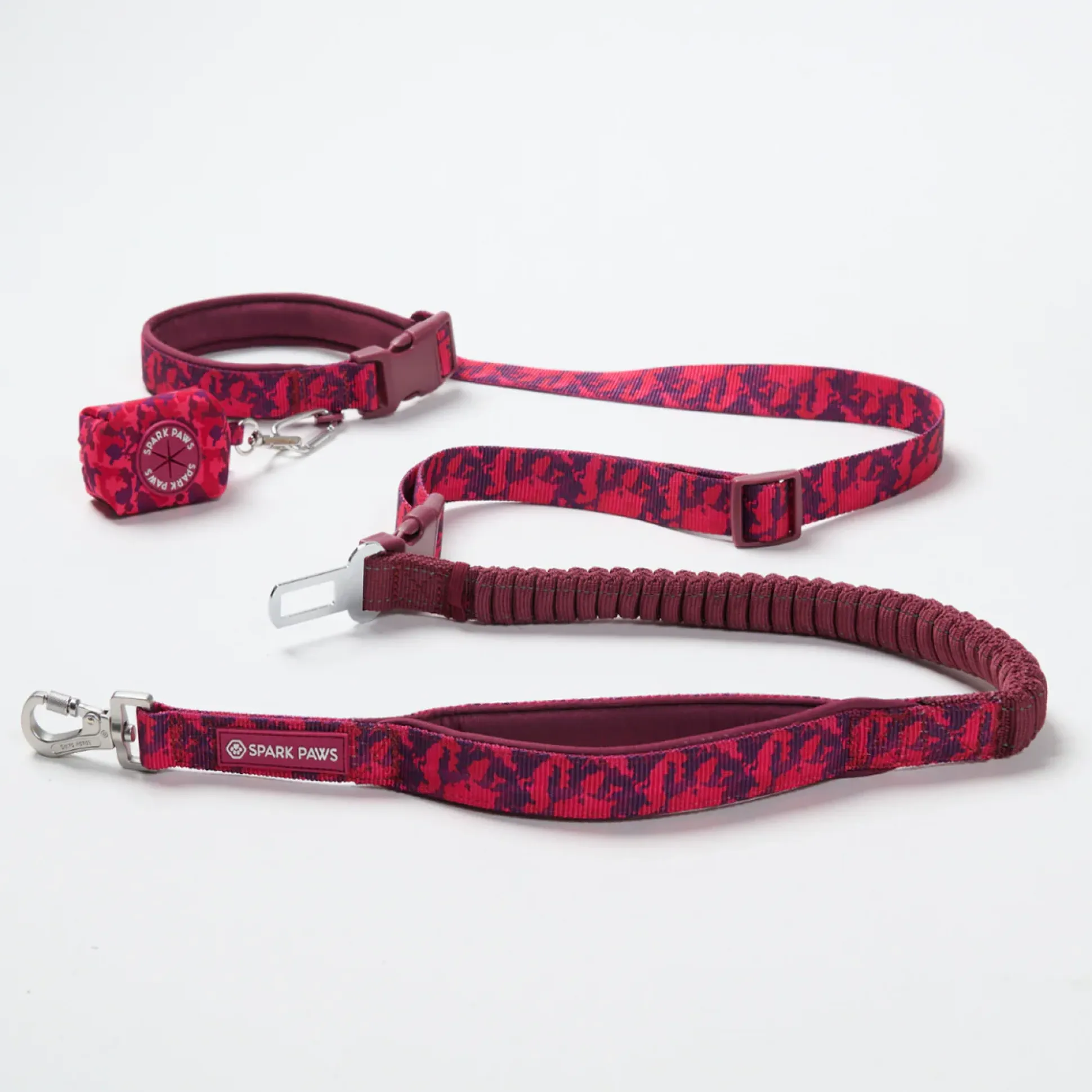 Multipurpose Seatbelt Handsfree Leash & Poop Bag Holder Set - Fuchsia Camo