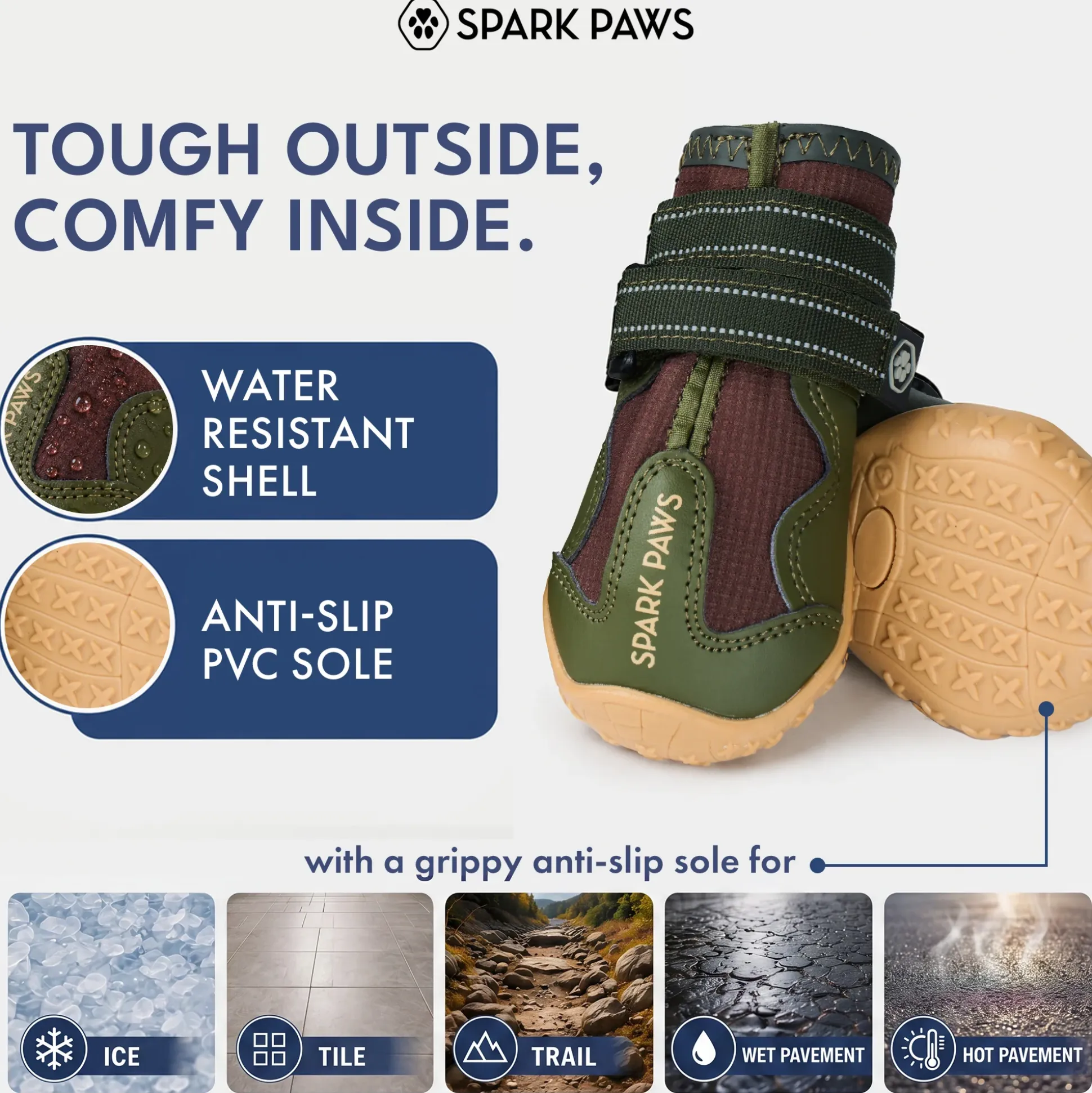Spark Paws 365 - The All-Season Dog Shoes - Green Brown